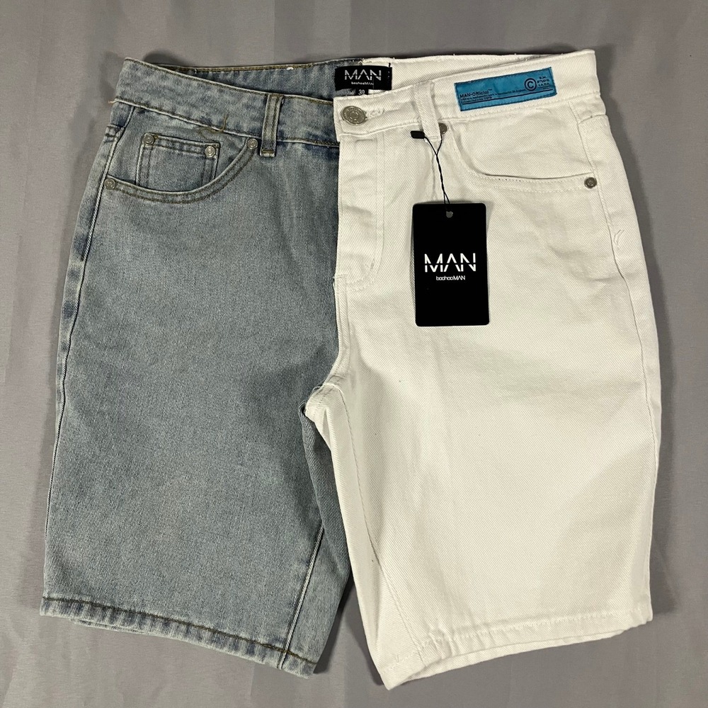 BoohooMAN Men's Size 30 Loose Fit Spliced Denim‎ Shorts Ice Blue